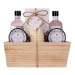 Accentra - Ensemble de douche pour femmes Cadeau LAVANDE dans un panier en bois - Ensemble de soins 6 pièces avec gel douche, bain moussant, sels de bain, lotion pour le corps, etc.