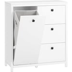 BZR97-W Armoire à Linge avec Sac à Linge, Meuble Bas de Salle de Bain, Commode pour Salle de Bain, Armoire Toilette avec 3 Tiroirs et 1 Panier à