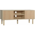 Meuble tv banc tv design Urban Craft - 2 portes coulissantes, 2 niches - piètement cylindrique - panneaux particules aspect bois clair