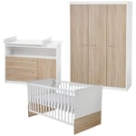 Chambre Bébé Complete Gabriella Roba Lit Évolutif 70x140 + Commode a Langer + Armoire 3 Portes - Blanc / Chene Scié