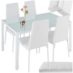 TecTake Ensemble Table Salle à Manger avec 4 Chaises Design, Chaise Confortable en Cuir synthtétique, Table rectangulaire Robuste avec Plateau en Verre trempé - Blanc