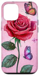 Coque pour iPhone 15 Pro Adorable rose rouge et papillon avec étoiles et papillons roses