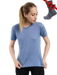 Merino.tech T Shirt Merinos Femme - Laine Merinos Chemise Femme + Chaussettes de randonnée en Laine mérinoss (Medium, Deep Blue Crewneck)