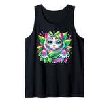 Beloved Cat with Green Leaves Cat Lovers Pink Waterfalls Tank Top