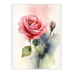 Artery8 Rose Bloom Flower Soft Watercolour Painting Green Pink Single Bloom with Bud Elegant Spring Romance Nature Colourful Bright Floral Modern Artwork Unframed Wall Art Print Poster Home Decor