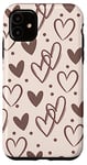 Coque pour iPhone 11 Beige and Brown Hearts Doodle Cute Valentine's Day Design