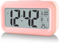 Upgraded Digital Alarm Clock, 4.3" LED Display with Temperature Larger Lound Light Control Portable Snooze Calendar Brightness with Battery Powered Alarm Clocks Bedside for Everyone (Pink)