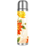 Pretty Flowers Best Vacuum Flask Stainless Steel Thermos Bottle- Leather Insulating Cup - Hot Coffee or Cold Tea + Drink Cup Top - Perfect for Office, Camping and Outdoors