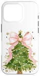 Coque pour iPhone 16 Pro Coquette rose avec nœud en ruban et sapin de Noël vert pour fille