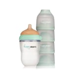 Happymami - Pack Biberon Personnalisable en Forme de Sein + Distributeur de Lait en Poudre, Ensemble d'Alimentation pour Bébé, sans BPA, Double Système Anti-colique, Lavable au Lave-vaisselle