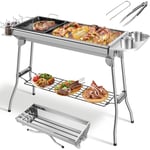 Barbecue à Charbon Pliant Portable, Grill Charbon de Bois XXL, BBQ de Table en Acier Inoxydable, avec Poêle à Frire, pour Barbecue de Jardin, Pique