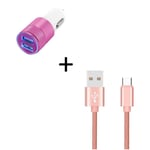 Pack Voiture pour JBL FLIP 5 (Cable Chargeur Metal Type C + Double Adaptateur Allume Cigare) Android - ROSE