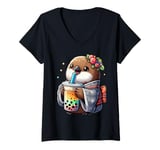 Womens Kiwi Bird Drinking Bubble Tea Japanese Kimono V-Neck T-Shirt