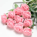 10 stjälkar konstgjorda rosor av siden, oöppnade rosor för brudbuketter, bröllop (rosa) pink