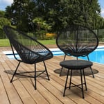 ID MARKET - Salon de jardin IZMIR table et 2 fauteuils œuf cordage noir