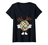 Womens Christmas disco ball with antlers, peace sign, reindeer V-Neck T-Shirt