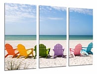 Tableau Moderne Photographique, Impression sur bois, Chaises longues de couleur plage, mer, vacances, soleil, 97 x 62 cm, ref. 26592