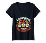 Womens Halloween Thanksgiving Christmas Happy HalloThanksMas Gnomes V-Neck T-Shirt