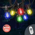 Guirlande Guinguette 10M 20 Bulbes Filament Rouge Bleu Jaune Vert avec Variateur de Luminosité et Télécommande - Guirlande Lumineuse Ampoule E27 à