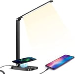 MDHAND Lampe de Bureau LED, Dimmable 5 Modes de Couleur 10 Niveaux de Luminosité, Lampe de chevet Avec Port USB et Fonction Minuterie, Contrôle tactile, Économie d'énergie [Classe énergétique A+++]