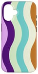 Coque pour iPhone 16 Rose, violet, turquoise à rayures ondulées, rétro années 70, esthétique