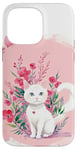 iPhone 14 Pro Max Cute white cat,pink background,flowers art Case