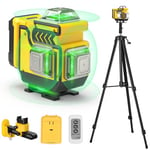 Niveau Laser avec Trepied - cjumel Niveaux Laser 4x360° Autonivelant, Rotatif 4D 16 Lignes Vert Laser Level en Croix avec 1.6 M Trépied, Batterie 5400mAh et Télécommande