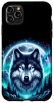 Coque pour iPhone 11 Pro Max Loup aux yeux bleus devant la lune et le paysage Animal