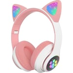 Zk-kids hörlurar med miofon, trådlösa Bluetooth -hörlurar med led kattöron, hopfällbara barnhörlurar för skola/surfplatta/telefon/pc/tv, rosa/vit