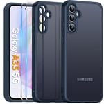 COPIKE Coque Mat pour Samsung Galaxy A35 5G avec Protection Caméra, Étui Arrière Translucide Givrée Mince Antichoc et 2 Pièces Verre Trempé, Anti-Empreintes Digitales Housse, Bleu