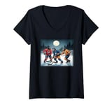 Womens Werewolves Playing Hockey Under a Full Moon on Halloween V-Neck T-Shirt