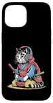 Coque pour iPhone 15 Japon Kawaii Cat Samurai Casque Casque Manette de Jeu Vidéo