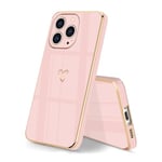 HopMore Coque pour iPhone 15 Pro Housse de Protection Antichoc Etui en Silicone Souple TPU Cover avec Doré Coeur Amour Motif Mince Fine Mignon Dessin Étui pour iPhone 15 Pro, Rose