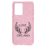 Coque Iphone 12 MINI paillettes rose love dreams ailes noir