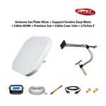 Antenne Sat Plate 40cm + Support Fenêtre Easy Mont + Câble Passe Fenêtre + Câble HDMI + Pointeur Sat + Câble Coax 10m + 2 Fiches F