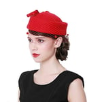 QB Vintage Laine Femmes béret Hiver Feutre Chapeau avec Noeud Plat Haut Chapeaux Dame hôtesse de l'air Casquette Fedoras-Rouge