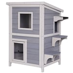 lionto Maison extérieure pour Chats pour Jouer et se Reposer, Maison en Bois pour Chats avec Toit en Bitume résistant aux intempéries, 56x52x82 cm, fenêtre et 3 accès, cabane Robuste, Gris/Blanc