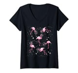 Womens Pink Flamingo in Space Stars Astronaut Hat Tropical Theme V-Neck T-Shirt