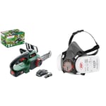 Bosch Home and Garden Cordless Chainsaw UniversalChain 18 (battery 2.5 Ah, charger, SDS system & JSP Force8 Half-Mask with PressToCheckP3 Dust Filters,Size medium,Conforms and Complies with safety