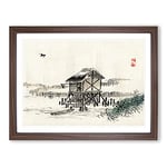 Cottage In The River By Kono Bairei Asian Japanese Framed Wall Art Print, Ready to Hang Picture for Living Room Bedroom Home Office Décor, Walnut A4 (34 x 25 cm)