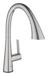 GROHE Zedra Touch Kitchen Tap 1-Lever Sink Mixer, High C-Spout with Touch Operation, Pull-Out Comfort Shower Head and 3 Spray Options, 360° Swivel Range, Stainless Steel Look Water-Saving 30219DC2