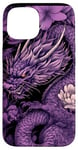 Coque pour iPhone 15 Violet Art Déco Floral Dragon Japonais Samouraï Esthétique