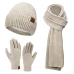 Femme Hiver Bonnet Chapeau Écharpe Longue Gants Tactiles Écran Ensemble Chaud Tricot Polaire Doublé Casquette Foulard Gant Cadeaux de Noël Anniversaire pour Femmes