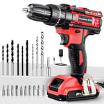 Cordless Drill Driver 21V, Cordless Hammer Drill with Battery 2000mAh, 25+3 Torque, 42N.m Max Power Drill, 23PCS Drill Bits, 2 Speed, LED Light