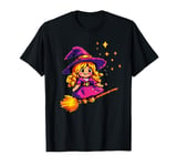 Pixelated Little Purple Witch on a Broomstick for Kids T-Shirt