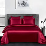 Michorinee Housse de Couette Satin 240 x 260 Vin Rouge avec 2 Taies d'oreiller 65x65 cm Parure de Lit Adulte 2 Personnes Linge de Lit Satin de Soie Brillante avec Fermeture Éclair