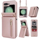 Z Flip 5 Fodral, Crossbody Dragkedja Fodral För Samsung Galaxy Z Flip 5 Med Korthållare Rose Gold