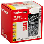 fischer Chevilles d'expansion SX Plus 6 x 30 S PH, boîte de 100 chevilles en nylon et vis assorties, chevilles pour un maintien optimal pour les fixations dans le béton, la brique pleine, le béton