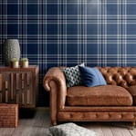 MURIVA KELSO TARTAN CHECK NAVY SILVER METALLIC TEXTURED WALLPAPER 165524