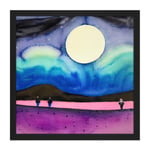 Modern Watercolour Night Harvest Moon Landscape Square Framed Wall Art Print Picture 16X16 Inch